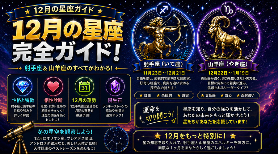 12月の星座一覧：射手座と山羊座の期間、性格、相性、誕生石まとめ