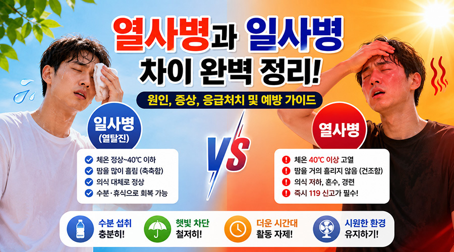 여름철 폭염 속 열사병과 일사병 차이 비교 일러스트