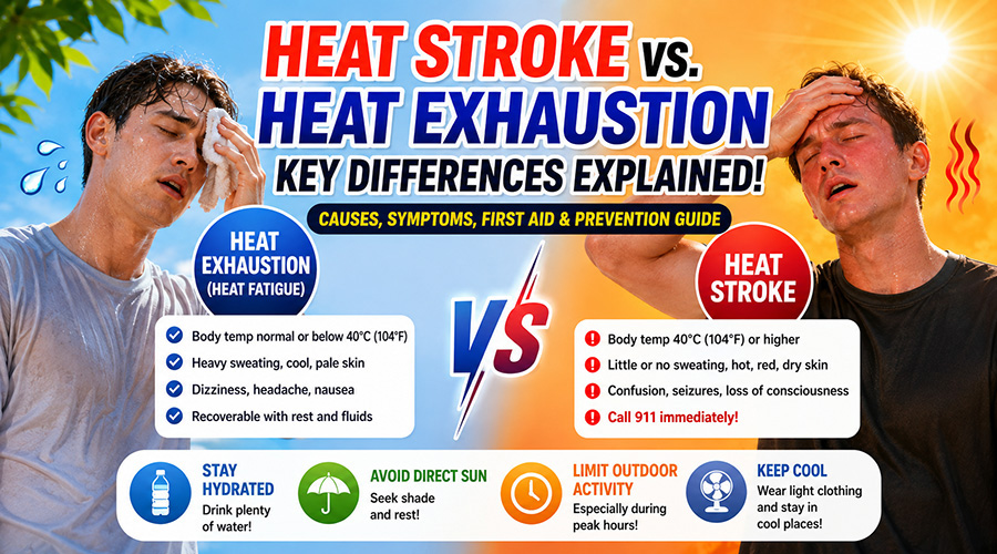 Illustration comparing the differences between heatstroke and heat exhaustion during summer heatwaves