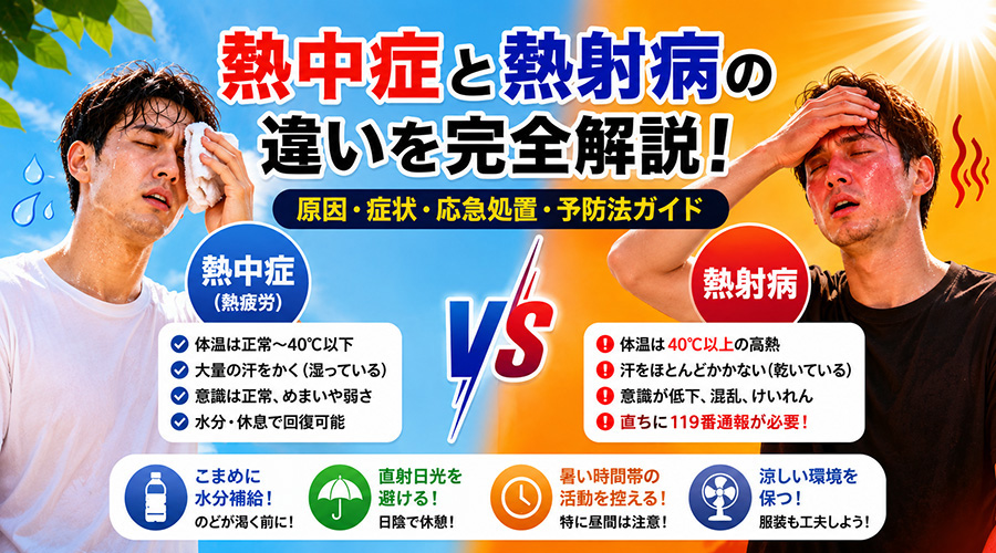 夏の猛暑時における熱射病と熱疲労の違いを比較するイラスト