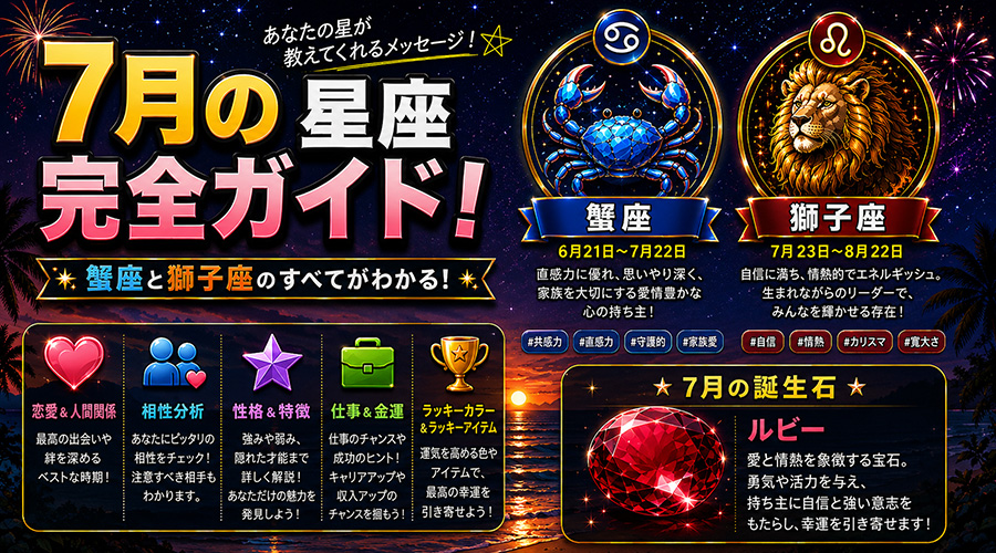 7月生まれの星座完全ガイド：蟹座と獅子座の性格・相性、誕生石ルビーの意味