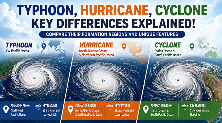 Illustration comparing differences between typhoons, hurricanes, and cyclones