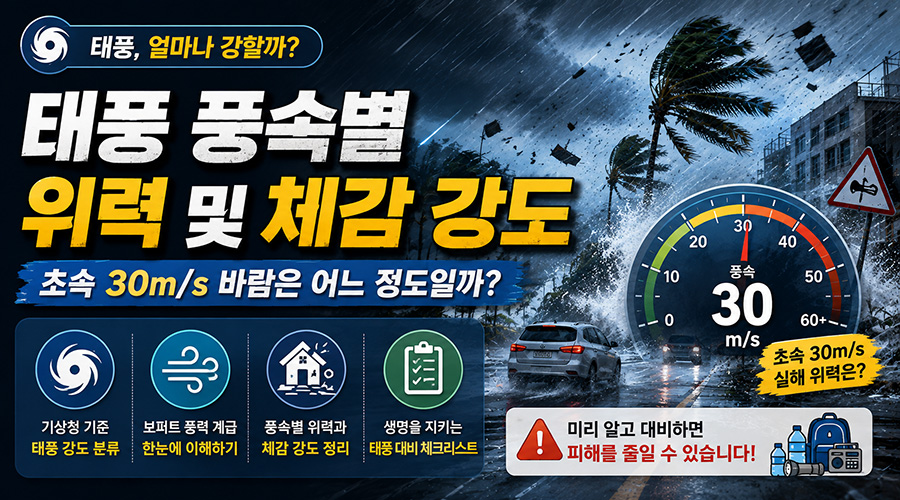 강풍과 폭우가 몰아치는 거리를 힘겹게 걷고 있는 사람들과 휘어지는 가로수 모습
